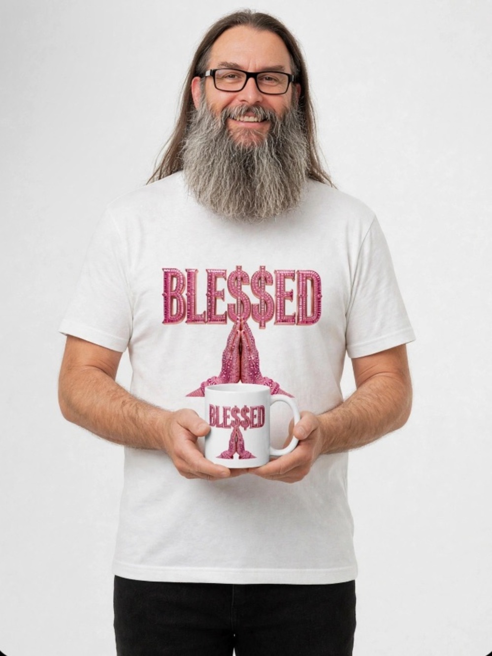 Black Mug with Pink "BLESSED" Design and Praying Hands - Picture 9 of 10
